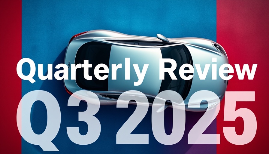 Quarterly review banner with silver car on colorful background.