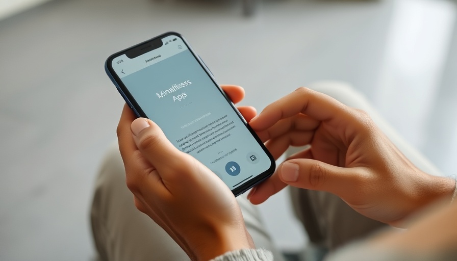 Person using mindfulness app, smartphone in hand, relaxed setting.