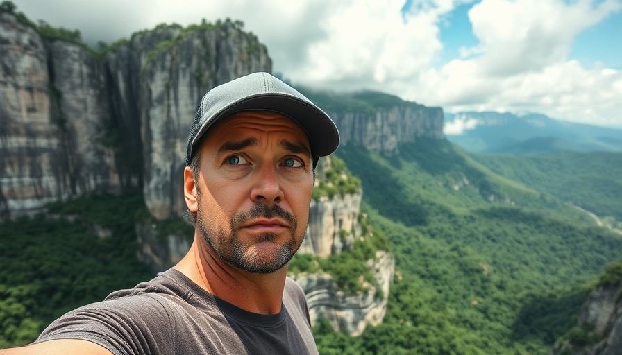 Man in cap in front of cliff and greenery, vivid daylight scene.