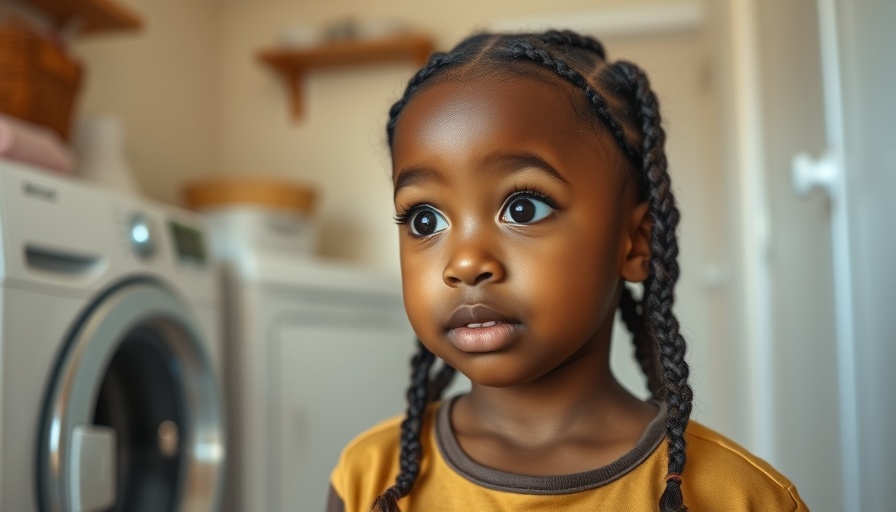 Child learning about menstruation in a laundry room, Normalize Periods