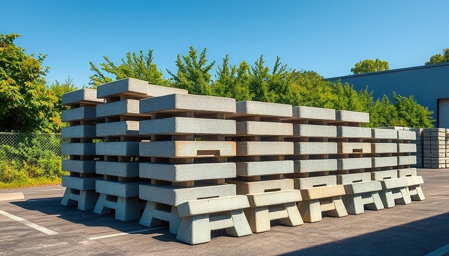Concrete barriers stored outdoors by suppliers in a green setting.