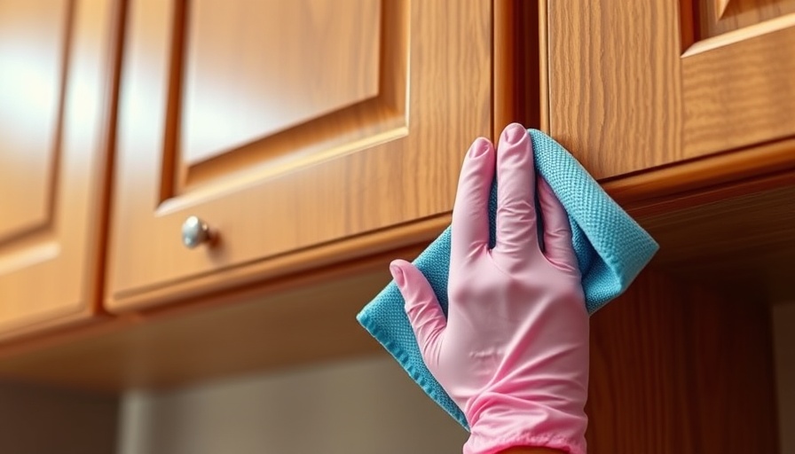 Hand in pink glove cleaning wood kitchen cabinets to degrease.