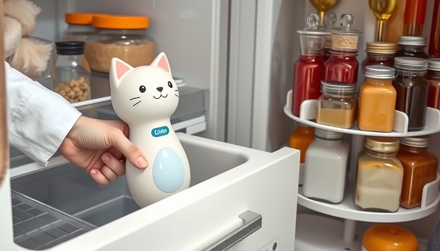 Cat-themed cleaner and rotating fridge organizer for an organized home.