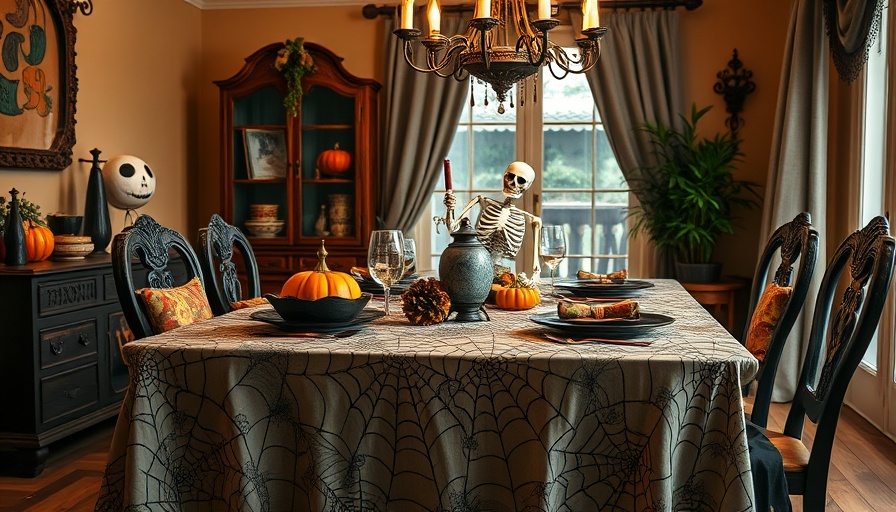 Halloween table decor with skeleton, spider web cloth, and skull centerpiece.