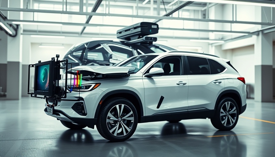 ADAS calibration tool used on a white SUV in a modern garage.