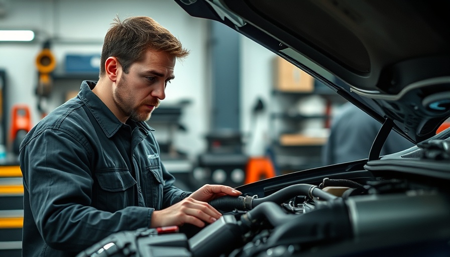 Automotive maintenance by mechanic inspecting car engine.