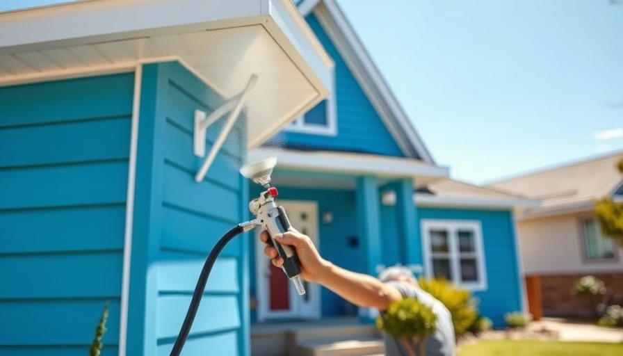 House painter in Columbus spray painting a blue house.