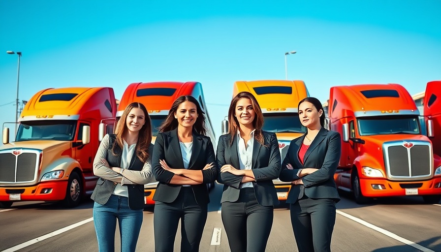 Portraits of influential women in trucking industry in front of trucks.