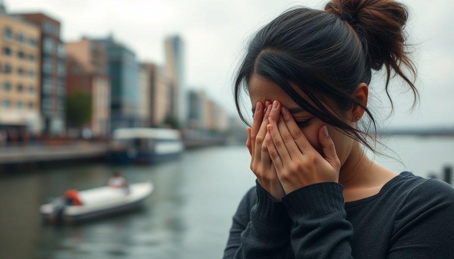 Adolescent girl grieving by the river, hands on face.