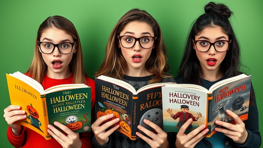 Three young women reading Halloween smut books with surprised expressions