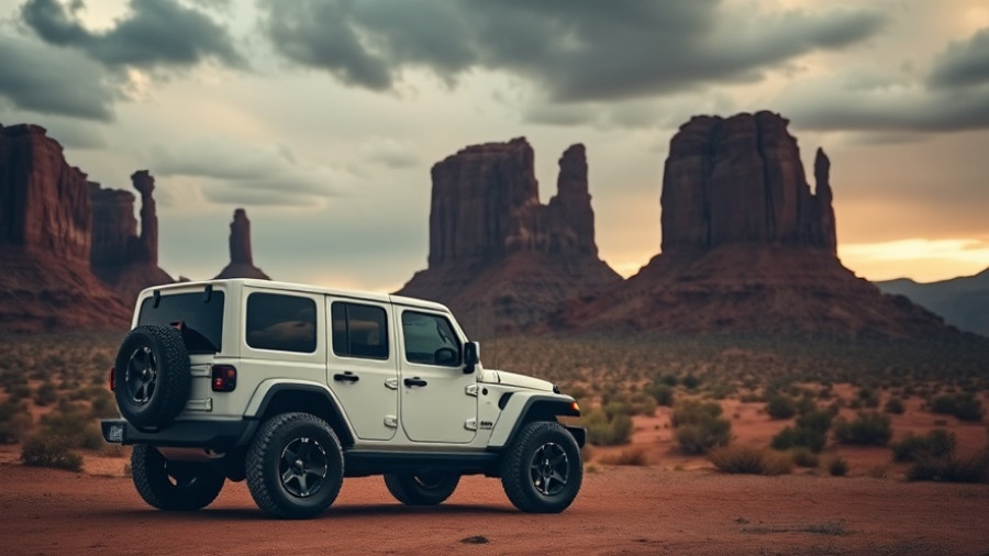 White Jeep Wrangler 4xe in dramatic desert landscape with rocky cliffs.