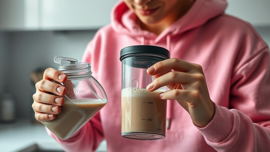 Person preparing protein shake in modern kitchen, close-up view.