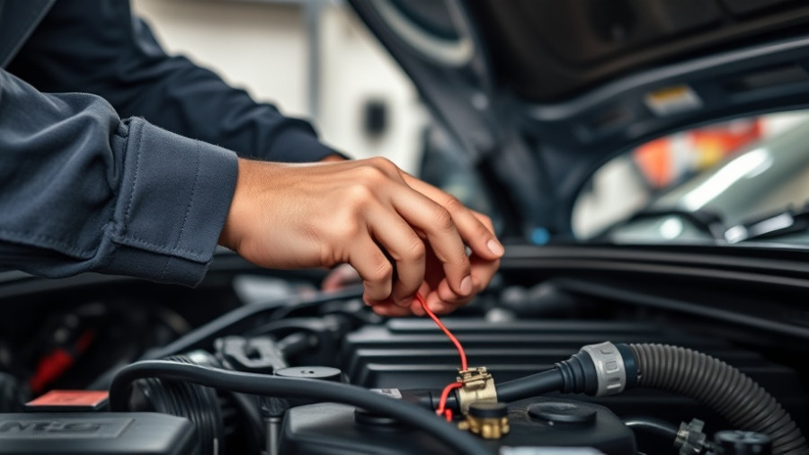Mechanic working on car engine with pliers in a garage.