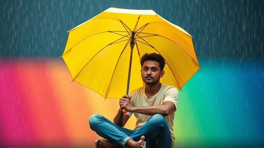 Young man under colorful rain, exploring emotional thresholds and regulation.