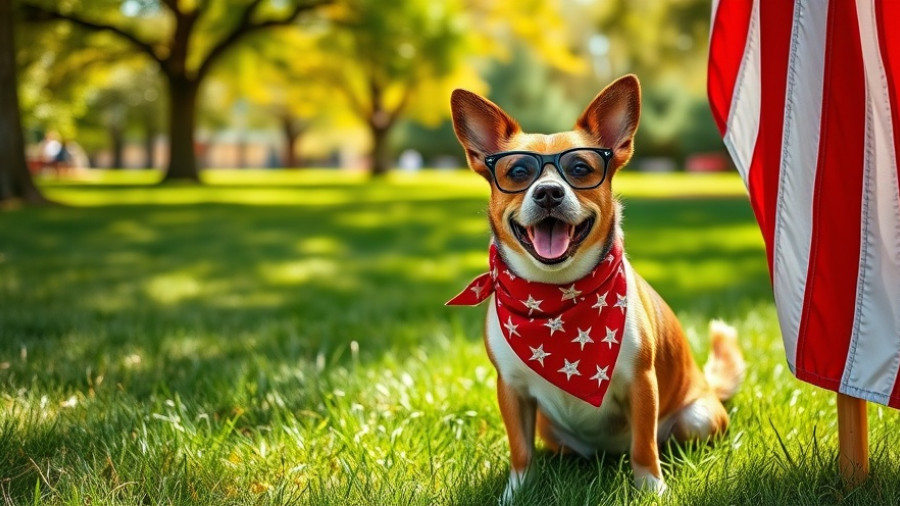 Dog with novelty glasses and American flag in park for Unity March for Democracy