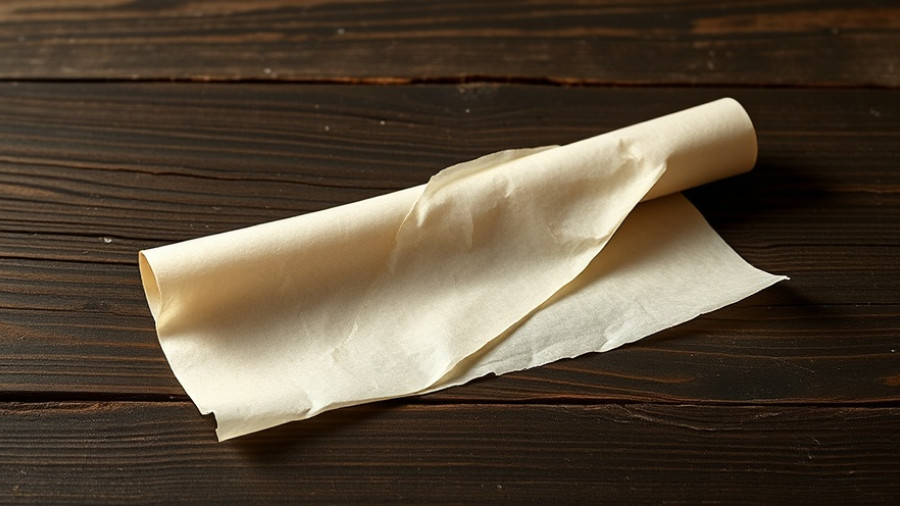 A roll of parchment paper unfurled on dark wooden table, showcasing clever uses.