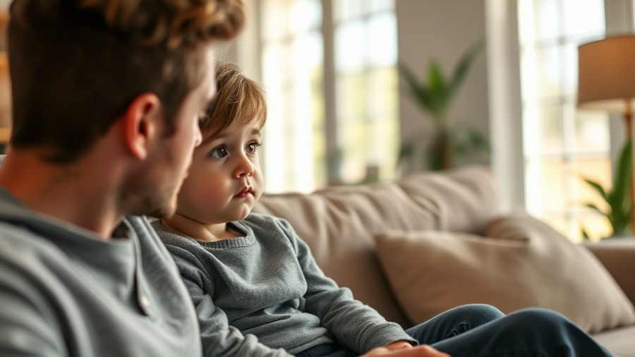 Thoughtful child with adult in cozy living room, self-control discussion.