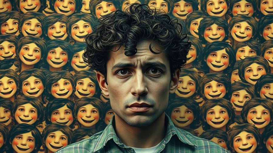 Stressed individual surrounded by smiling faces, depicting social anxiety in parents.