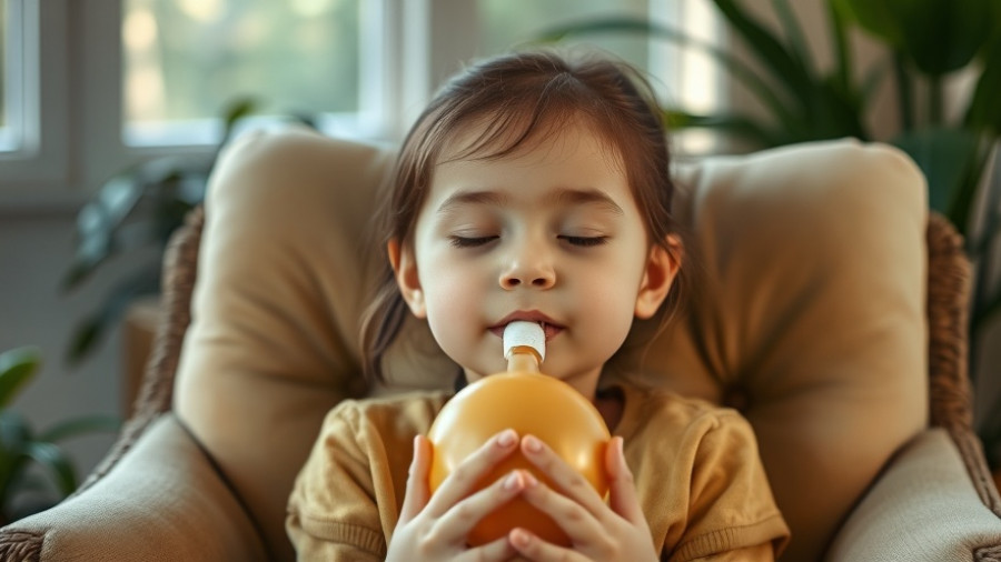 Calm young girl practicing balloon breathing in cozy setting.