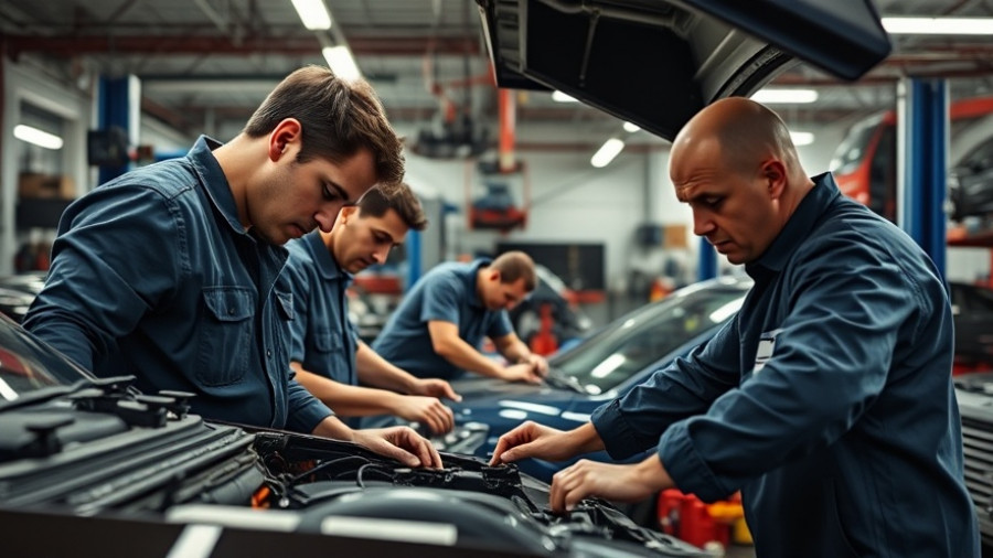 Mechanics working in auto repair shop, focused on car engine.