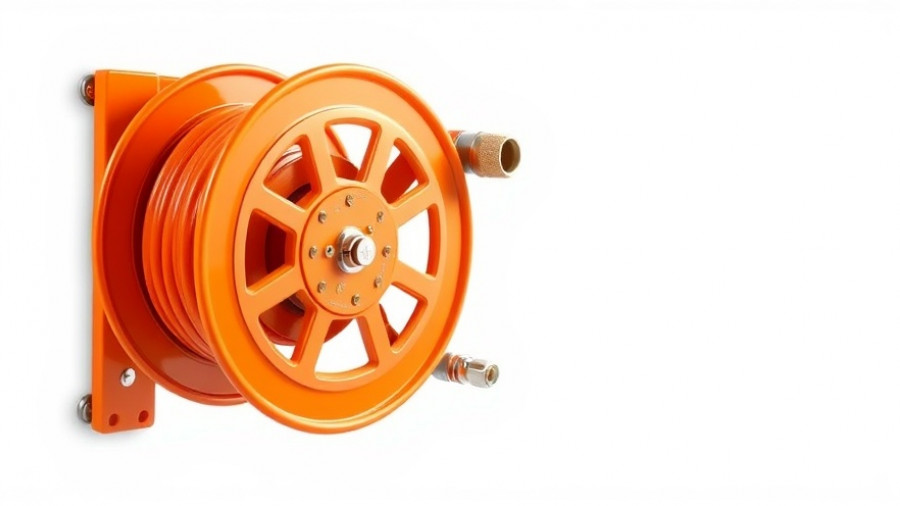 Buying an Air Hose Reel: Orange Vevor air hose reel with fittings.