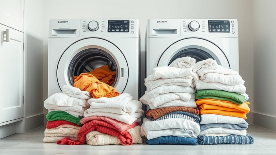 Piles of separated laundry in front of washing machines.