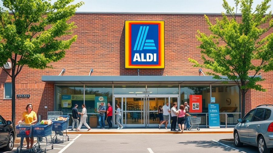 Aldi storefront and parking with shoppers, Aldi Thanksgiving Meal For 10