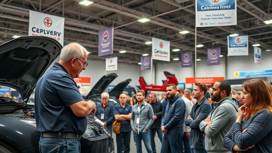 Auto repair demonstration at exhibition with audience engagement.