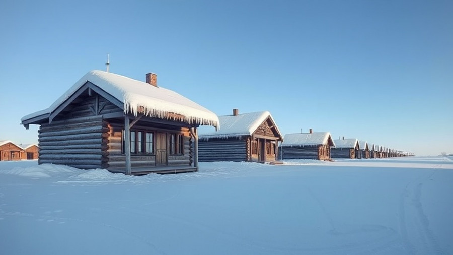 Snowy wooden buildings during winter, showcasing winterizing techniques.