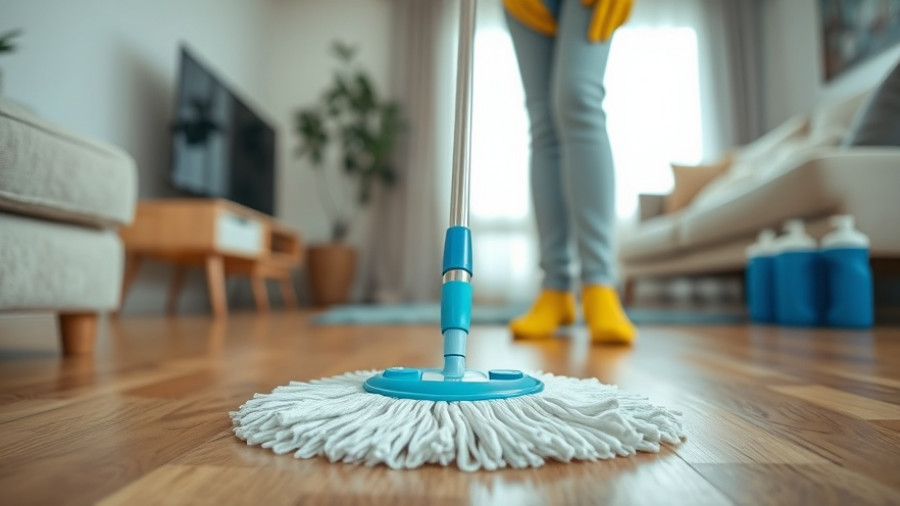 Person using a mop with bleach to clean a floor in a bright living room.