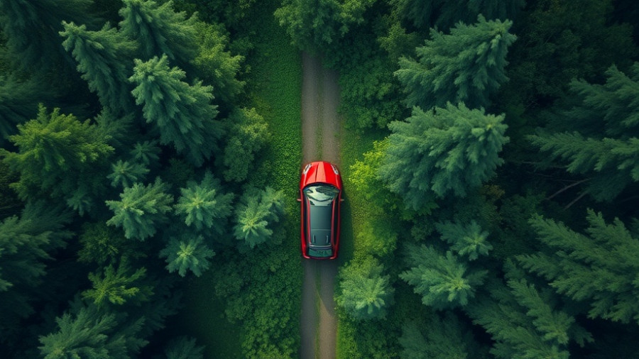 Aerial view of car on forest road, highlighting 2025 Global Emission Standards.
