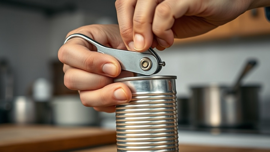 Hands demonstrating how to use a can opener properly on a tin can.
