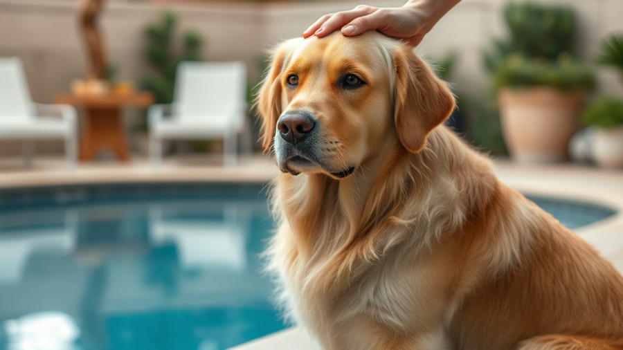 Older dog being petted by a person near a poolside patio.
