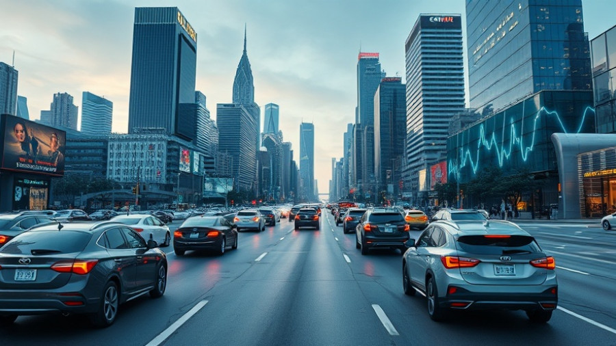 Futuristic city with autonomous vehicles using predictive analytics, showing data overlays for safer roads.