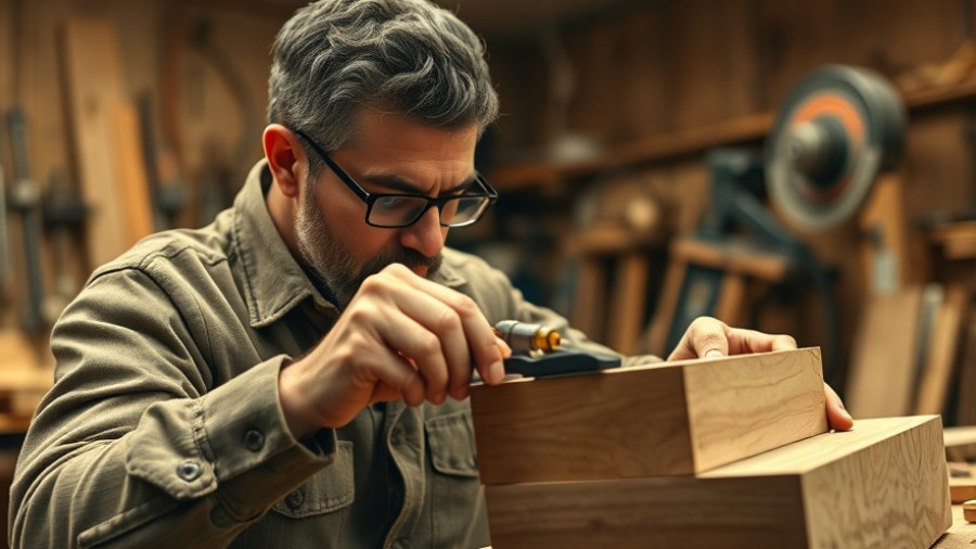 Craftsman measuring wood block for custom beer tap handles in workshop.