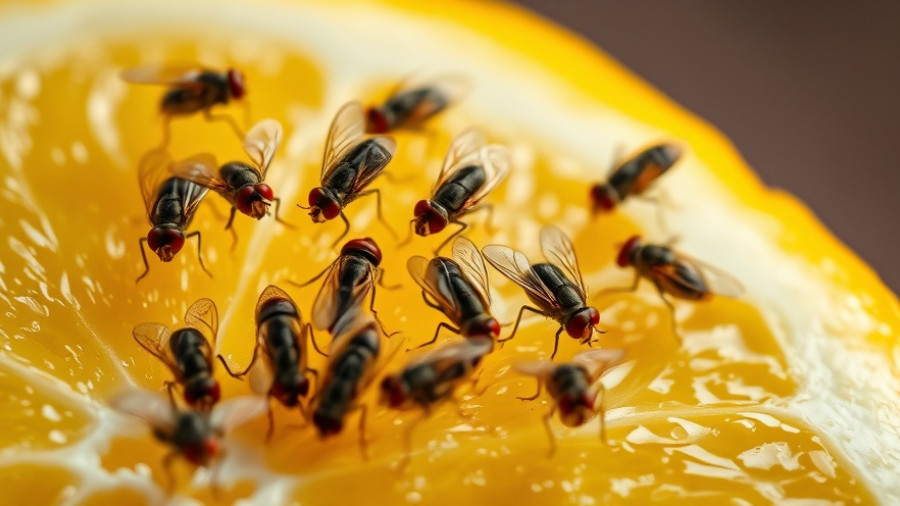 Close-up of fruit flies on a lemon slice in a kitchen environment.