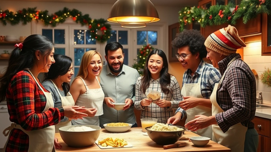 Family-friendly baking show scene in a festive kitchen setting.