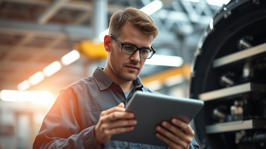 Focused automotive engineer promoting Michigan workforce survey with digital tablet.