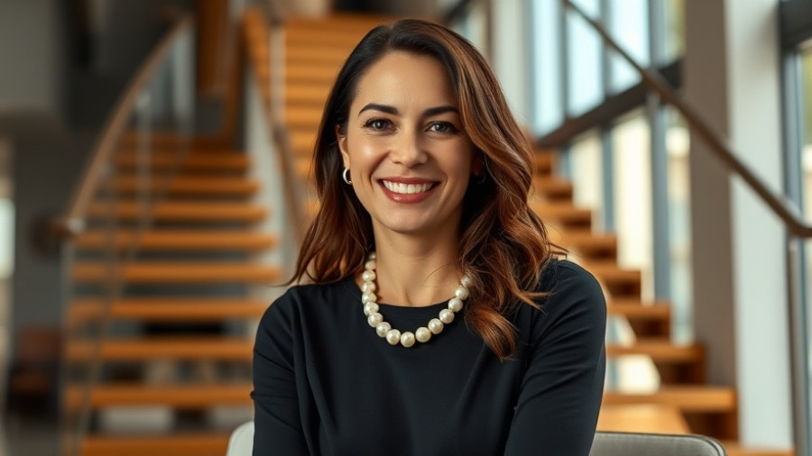 Confident woman smiling in modern interior setting.