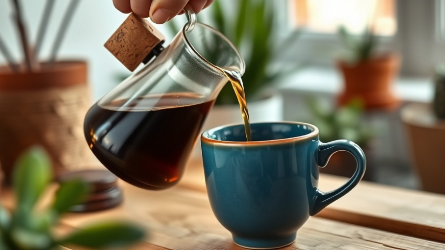 Pouring coffee with a carafe into a mug at home, surrounded by plants.