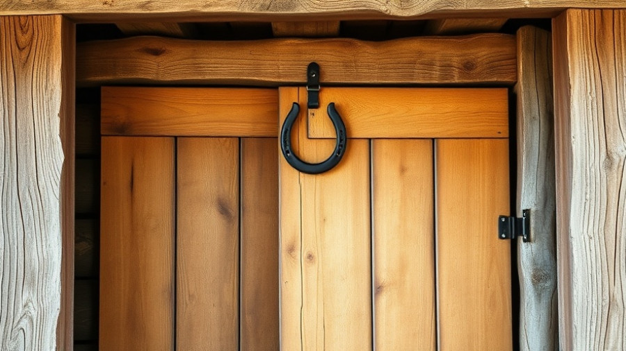 Horseshoe on rustic barn door, symbolizing luck and protection