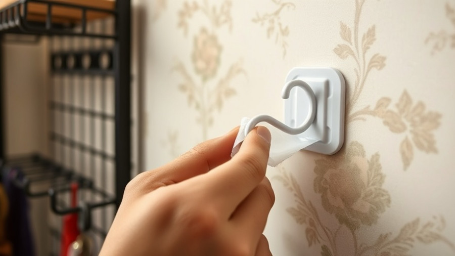 Hands removing adhesive from temporary wall hook to prevent damage.