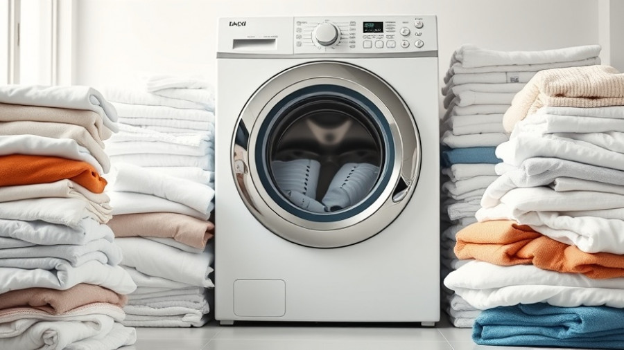 Efficient laundry setup with piles of clothes near a washing machine.