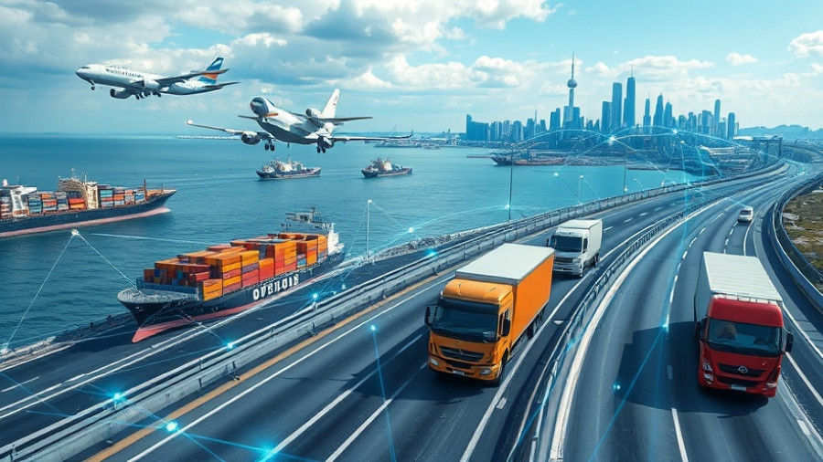 FasTrac OnTrac logistics optimization with planes, ship, and trucks in a cityscape.