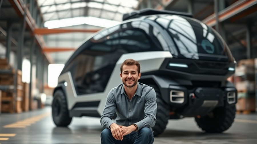 Person in front of autonomous freight transport vehicle in warehouse.