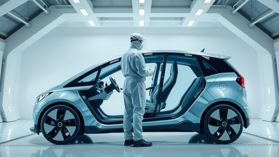 Transparent metal-free electric car with worker in minimalistic setting.
