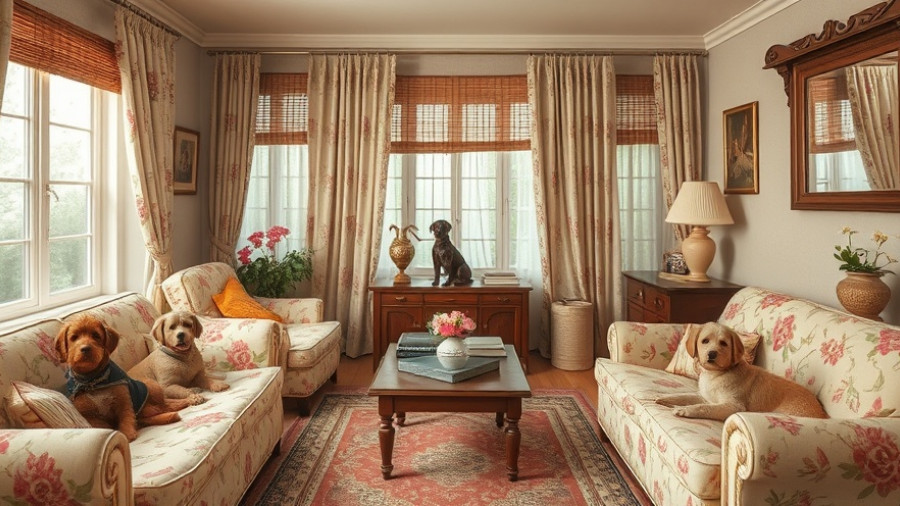 Cozy vintage living room with outdated window treatments.