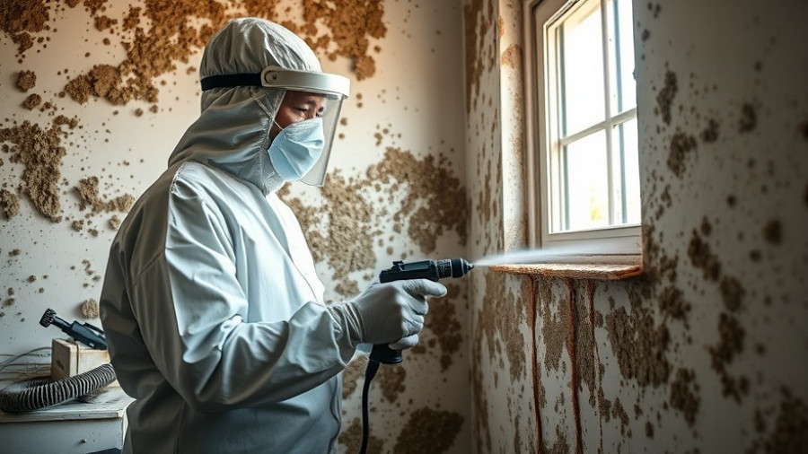 Worker in protective gear conducting property restoration process on moldy wall.