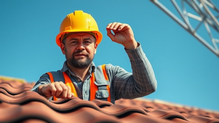 Construction worker replacing roof tiles under sunny sky.