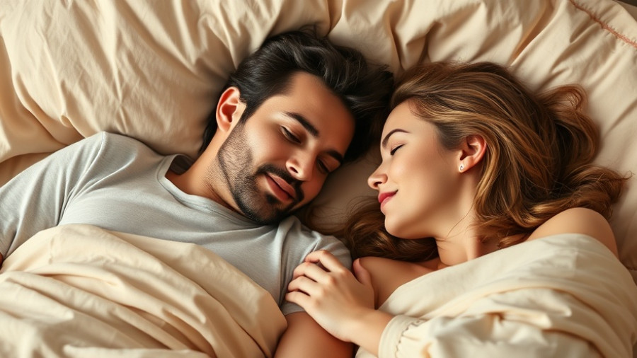 Relaxed couple lying in bed, offering warmth and connection.
